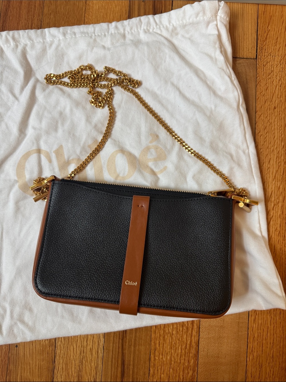 Chloe Black and Brown Leather Shoulder Bag with Gold Chain